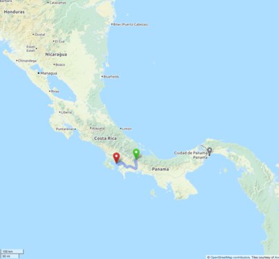 Карта, маркираща пътя ни този ден от Бокете (Панама) до Голфито (Коста Рика)